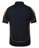 A black polo shirt with yellow accents and a logo on the back.