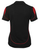 A women's polo shirt in black with red accents, featuring a logo on the back.