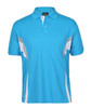 A blue polo shirt featuring white mesh detailing and a collar, with a logo on the chest.