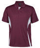 A maroon polo shirt featuring grey side panels and a collar, with a logo on the upper front.