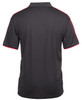 A black polo shirt with red detailing, featuring a branded logo on the back.