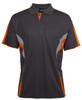 A dark grey polo shirt with orange accents and mesh detail, featuring a collar and buttons, and a logo on it.