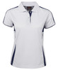 A white polo shirt for women with navy blue accents and a logo on the collar.