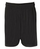 A pair of black sports shorts featuring a mesh design and an elastic waistband, with branding present.