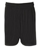 Black sports shorts featuring a breathable mesh design and an elastic waistband. Includes a branding logo.