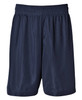 Mesh sports shorts in navy blue with an elastic waistband and a logo. Ideal for activewear.