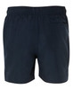 Dark navy sports shorts featuring an elastic waistband and a single back pocket. Includes a branding logo.