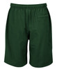 Green sports shorts with an elastic waistband and a back pocket, featuring a simple design and branding.