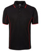 A black polo shirt with red piping details and a collar, featuring a buttoned placket and a logo.