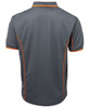 A grey polo shirt with orange piping details and a logo on the chest. Back view displayed.