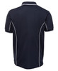 A dark navy polo shirt with white piping details, featuring a collar and short sleeves. It includes a branding logo.