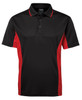 A black polo shirt with red side panels and a logo on the chest. Features a three-button placket and a collar.
