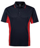 A navy and red polo shirt featuring a collar and buttons, with a logo on the left side.
