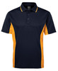 A navy and yellow polo shirt featuring a collar and button placket, with a logo on the chest.