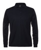 A black long-sleeve polo shirt featuring a collar and a button placket, with a logo on the chest.
