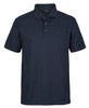 A navy blue polo shirt with a pocket and three buttons on the front. It features a logo on the label.