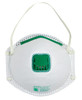 A white P2 respirator mask with a green valve and adjustable straps, featuring a logo on the side.