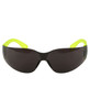 Sunglasses with dark lenses and bright yellow arms, featuring a logo on the temple. Suitable for outdoor activities.