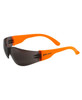 Sunglasses featuring a dark lens and vibrant orange arms, with a logo on the side.
