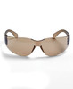 A pair of sunglasses with a brown tint and sleek design, featuring a logo on the side.