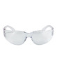 A pair of clear safety sunglasses with a sleek design, featuring translucent frames. Includes a logo on the side.
