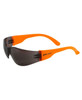 Sunglasses with a grey lens and bright orange frames, featuring branding on the temple.