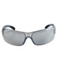 Blue and silver mirrored sunglasses with a sleek design and a logo on the side.
