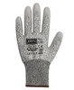 A grey cut-resistant glove with a knitted cuff and branding details. It features a textured grip surface.