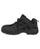 A black safety sport shoe with a mesh design, featuring laces and a rugged sole. It includes a logo.