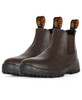 Brown soft toe boots with elastic sides and pull tabs, featuring a branded logo on the tabs.