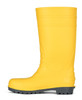 A yellow rubber boot with a black sole and textured detailing along the side. It features a logo on the exterior.