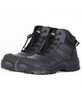 A pair of black safety boots with a rugged design, featuring laces and a logo on the back.