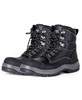 A pair of black waterproof boots with metallic eyelets and reinforced toe caps. Features a logo on the side.
