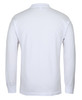 A white long-sleeved polo shirt with a collar, featuring a branding logo.