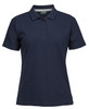 A navy ladies' pique polo shirt featuring a collar, short sleeves, and a button placket. It has a logo on it.
