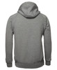 A grey hoodie with a hood and long sleeves, featuring a simple design and a logo on the back.