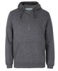 A grey 1/2 zip hoodie featuring a front pocket and a logo. Suitable for casual wear.