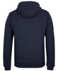 A navy blue 1/2 zip hoodie with a hood and a simple design, featuring a logo on the garment.