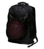 A black backpack featuring a mesh front pocket designed to hold a basketball, with adjustable straps and side pockets.