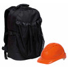 A black backpack with a mesh pocket alongside an orange safety helmet, both displayed prominently.