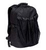 A black backpack featuring a mesh side pocket and a sturdy handle on the top. It includes a logo on the front.