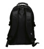 A black backpack with adjustable straps, featuring a handle on top and a logo.