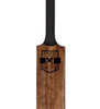 A wooden cricket bat with a black grip and a logo on the blade.