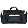 A black and grey duffle bag with multiple compartments and a prominent logo on the front.