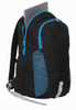 A black backpack with blue accents featuring a laptop sleeve and mesh side pockets. It has adjustable straps and a logo.