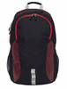 A black and red Grommet backpack featuring mesh side pockets and a grey handle on top. It has a logo.