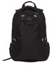 A black backpack with several compartments and zippers, featuring a logo, ideal for carrying various items.