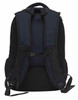 A black backpack with padded straps and a mesh back, featuring adjustable straps and a logo.