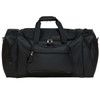 A black duffle bag featuring a front pocket and dual handles, with a zipper closure and a sleek design.
