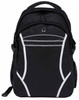 A black backpack with white accents, featuring zippers and a side mesh pocket, and a logo on the front.